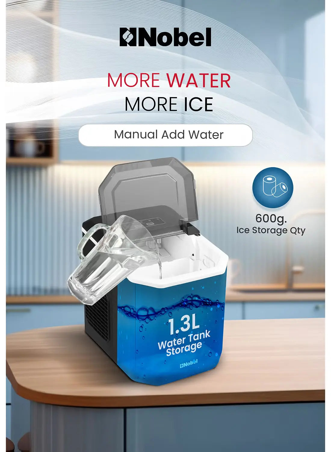 Nobel Ice Maker, 12Kgs 25°C Ice Capacity Daily, 1.3L Water Tank Storage, Bullet Ice Cube Shape, Water Shortage Indicator,Infrared Sensor, LED Display, R600a Refrigerant 12 kg 100 W NIM15S - BlackKitchen Appliances❄️ 12kg Daily Ice Capacity: Quickly produc
